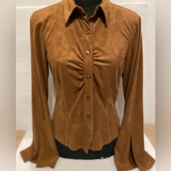 F.L.Malik Women’s Brown L/S Suede Stretch Button Up w/Collar Bell Sleeves Top S - Picture 6 of 16